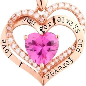 Double Heart Ruby & CZ Pendant Necklace 925 Sterling Silver Rose Gold NWT